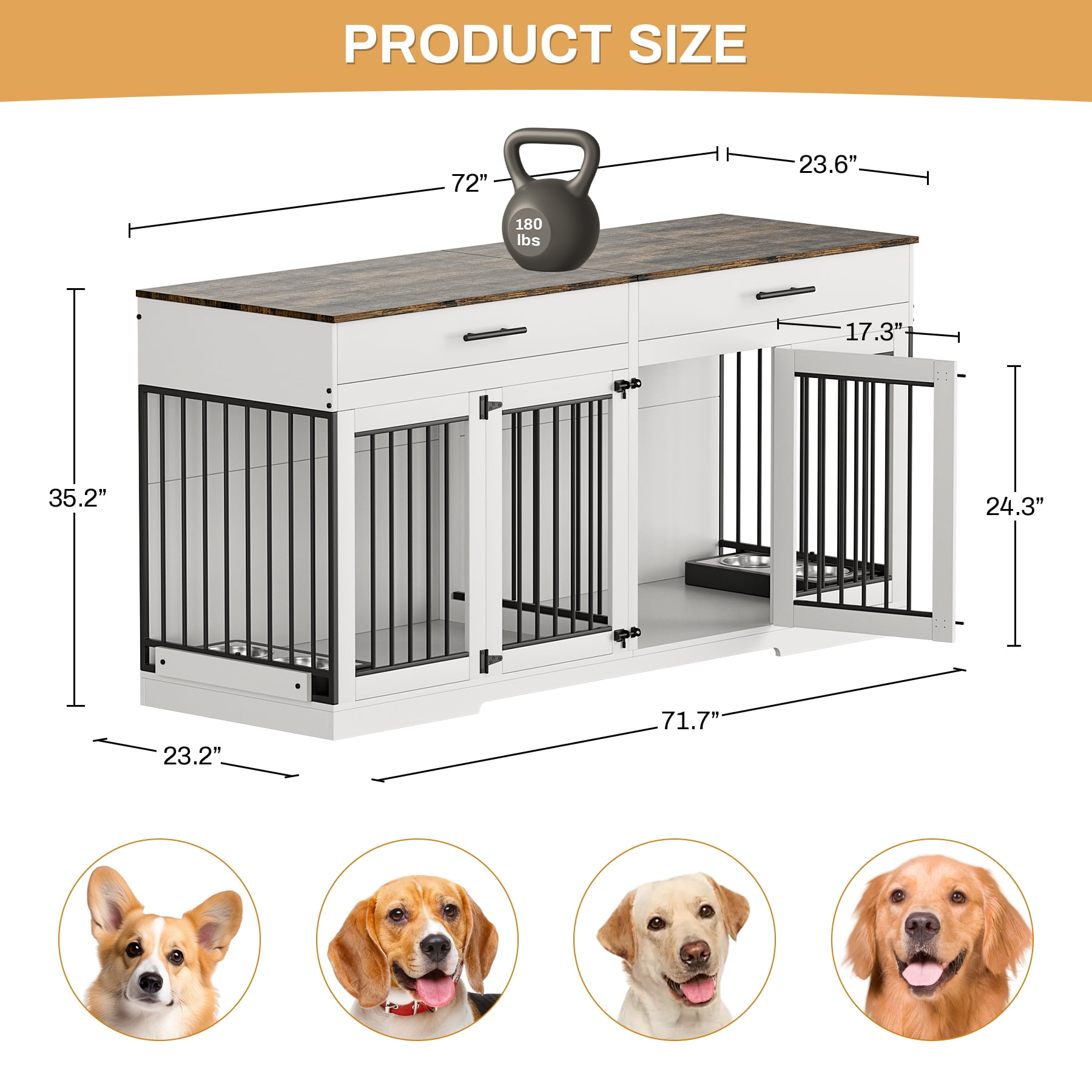 WIILAYOK 72.05" Dog Crate Furniture, Wooden Dog Kennel with 2 Drawers and 4 Dog Bowls, Heavy Duty Indoor Furniture Style Dog Cage House