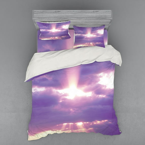 Ambesonne Landscape Bedding Set 4 Pcs, Romantic Cloudy Sky, Queen, Purple White