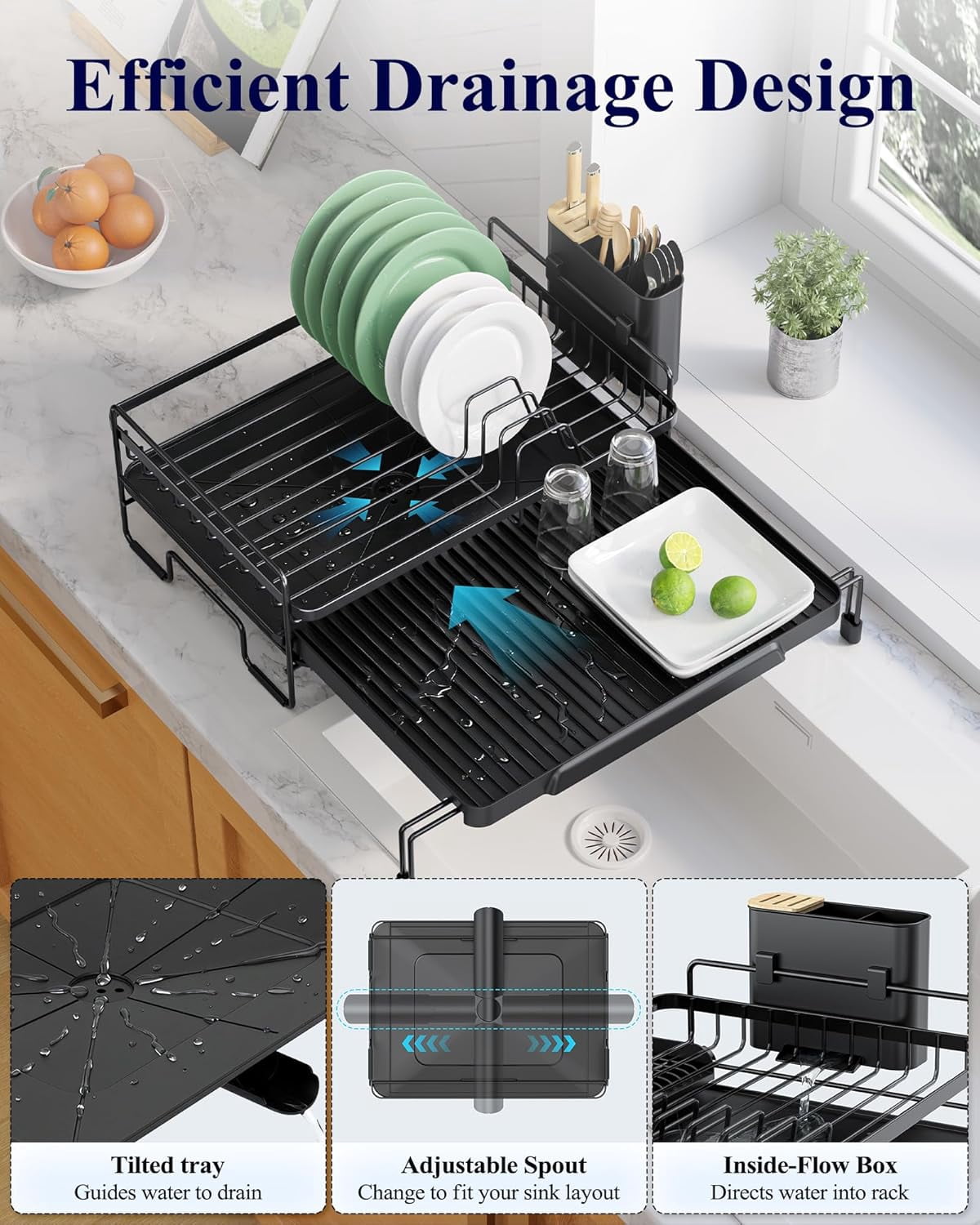 Extendable Dish Drying Rack - Adjustable Length 12.8"–21.0", Auto-Draining Dish Rack for Kitchen Counter, Rust-Resistant Metal Frame Over-Sink Support for Plates, Bowls & Utensils, Grey