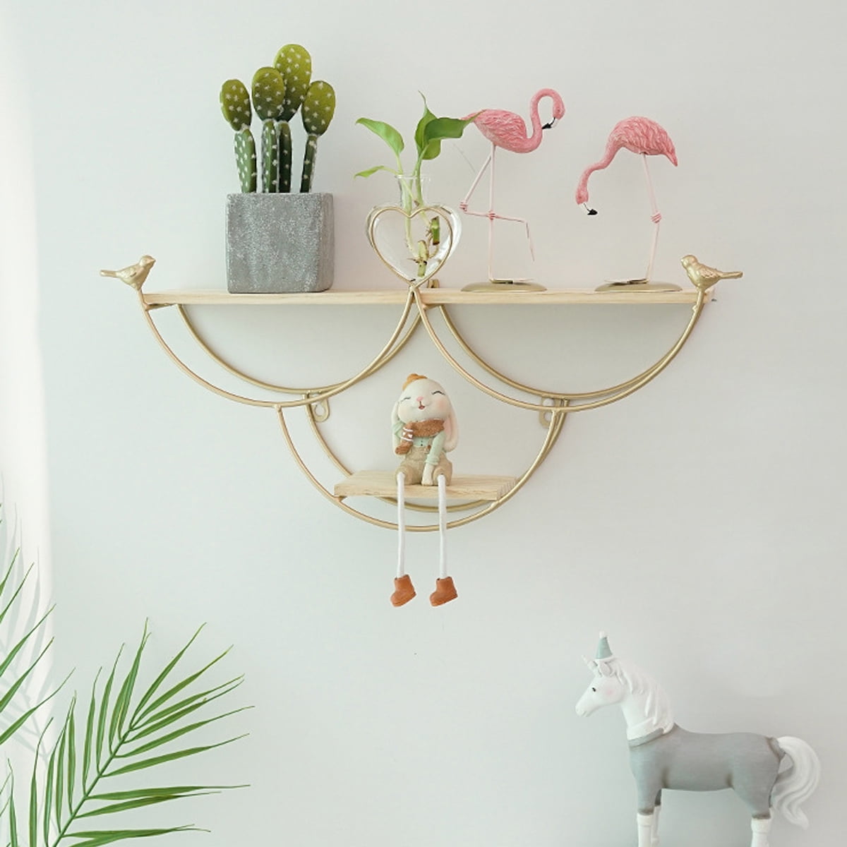 Metal & Wood Geometric Wall Shelf ,Wallmounted Storage Rack Holder