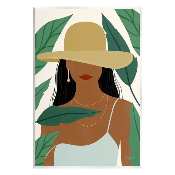 Stupell Industries Smiling Woman Wearing Sun Hat Drifting Leaves Graphic Art Unframed Art Print Wall Art, Design by Birch&Ink