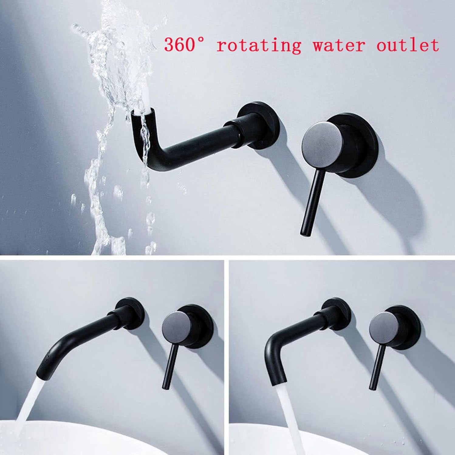 Wall Mount Sink Faucet Bathroom Black,with 360° Swivel Spout,Hot and Cold Sink Mixer Tap Faucet,Single Handle Wall Mount Faucet,Black,B