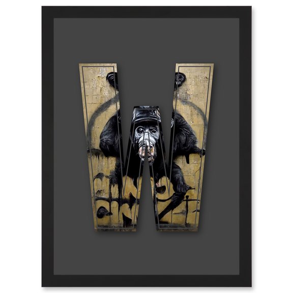 Letter W Mad Ape Bear Decorative Graffiti Mural Alphabet Initial Stencil Artwork Framed Wall Art Print A4
