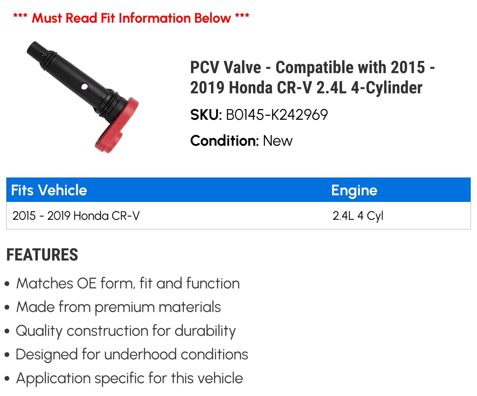 PCV Valve - Compatible with 2015 - 2019 Honda CR-V 2.4L 4-Cylinder - Beck Arnley
