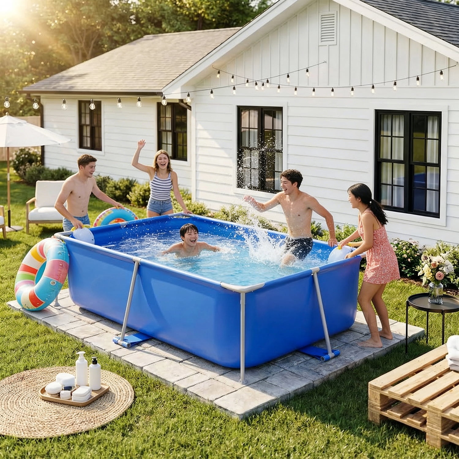Dateyes 7.2' x 23" Above Ground Swimming Pool for Backyard, Rectangular Metal Frame Pool with PVC Liner, Blue