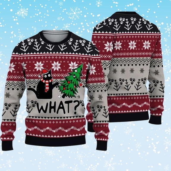 Funny Black Cat WHAT 3D Christmas Sweater, Tree Topple Kitty Owner Gift, Red Grey Nordic Knit, Unisex Holiday Party Jumper Winter Pullover