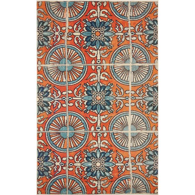 Unique Loom Estrella Floral Geometric Area Rug 5' x 8' Rectangle Orange/Blue