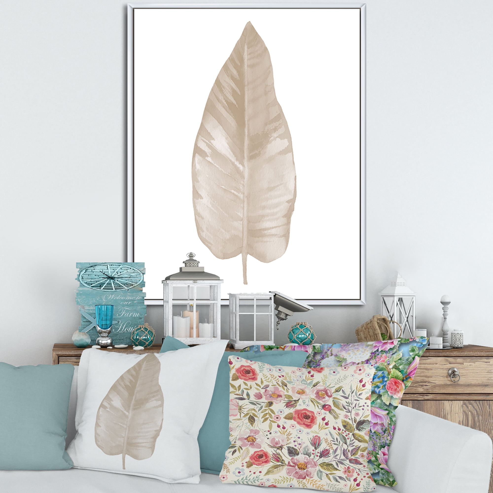 Designart 'Dried Leaf Plant Beige On White Background' Traditional Framed Canvas Wall Art Print