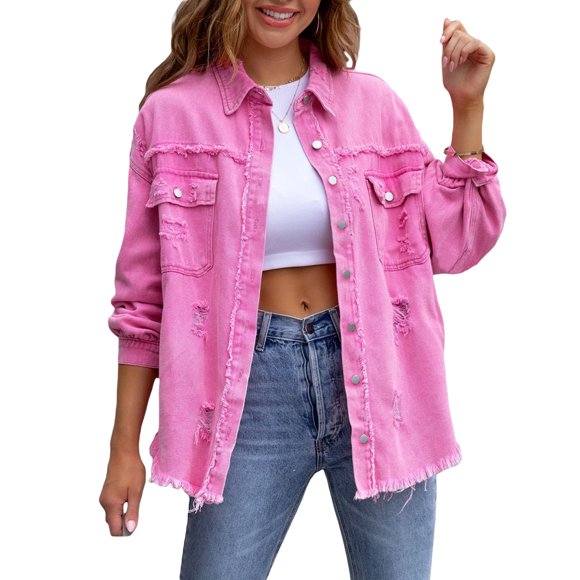 xiaxaixu Veste en Denim Déchirée et Usée pour Femme à Manches Longues, Boutonnée, Style Boyfriend, Manteau en Jean, Veste Trucker
