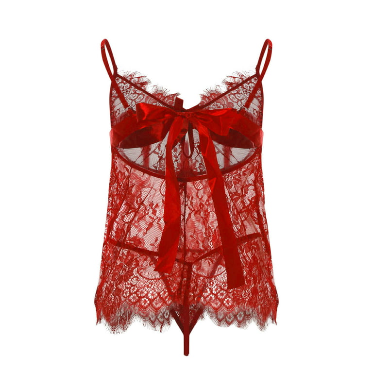 RQYYD Reduced Lace Sheer Dress Lingerie for Women Strap Mesh Babydoll V  Neck Sleepwear Sexy See Through Teddy Chemise Nightwear(Red,XL)