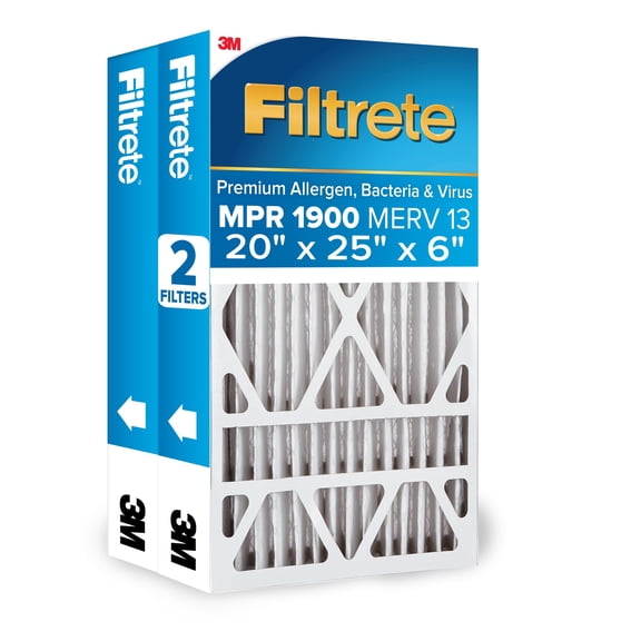 Filtrete 20x25x6 HVAC Furnace Air Filter, MPR 1900 MERV 13, Premium Allergen, Bacteria and Virus, 2 Filters