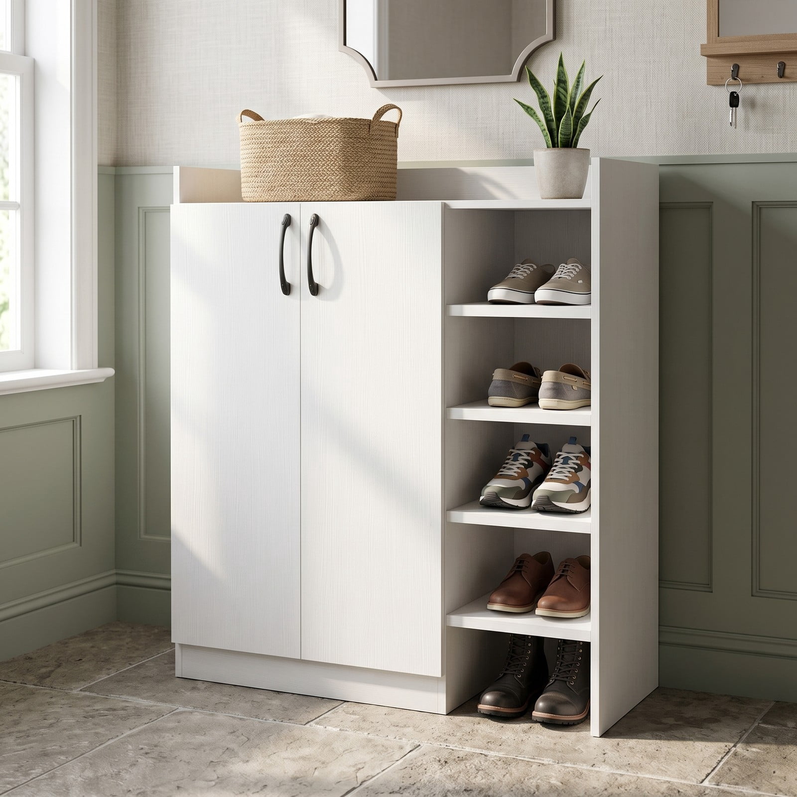 Furnibear 2-Door Shoe Cabinet with 2 Adjustable Inner Shelves and Open Side Shelves for Entryway Closet and Living Room, White
