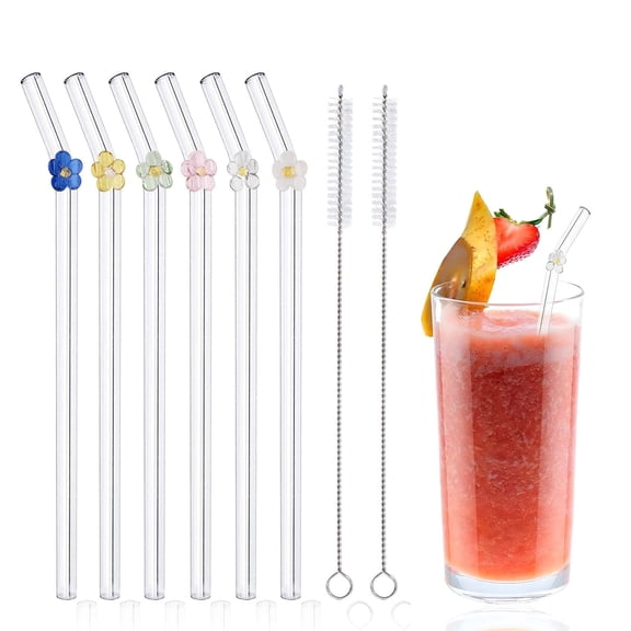 6 Pack Reusable Glass Straws Shatter Resistant, Cute Clear Glass Straw for Smoothie, Cocktail, Juice