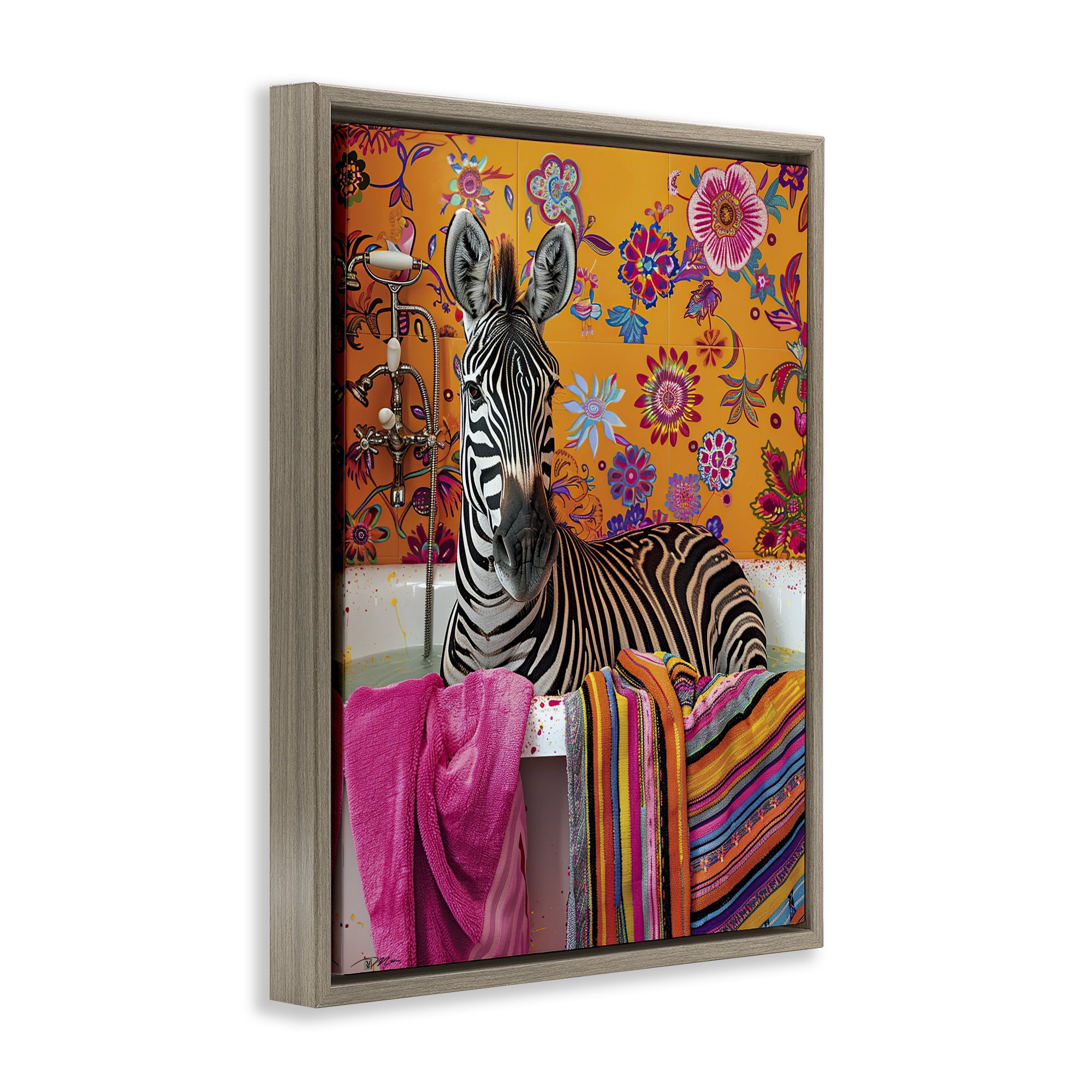 Zebra Bath with Colorful Towel Brown Framed Floater Canvas Wall Art, design by Momart