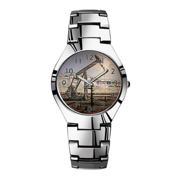 Mens Watches Silvery Steel Band Top Brand Waterproof Japan Quartz Watch Christmas Men Business Clock Oil Well Pump Jack Wristwatches