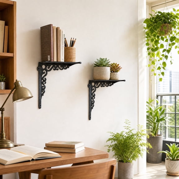 Werulen Vintage Scroll Iron Shelf Bracket Heavy Duty, Decorative Wall Support Antique Black Corbel, Rustic Iron Floating Shelf Bracket, Window Mantel Home Decor Bracket, Ornate Iron Shelf Support