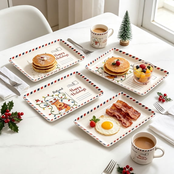 OJSFQUFP Christmas Rectangular Platter Serve Cookies & Festive Treats Ceramic Serving Tray Santa Reindeer Tree Decor Home Table Celebration