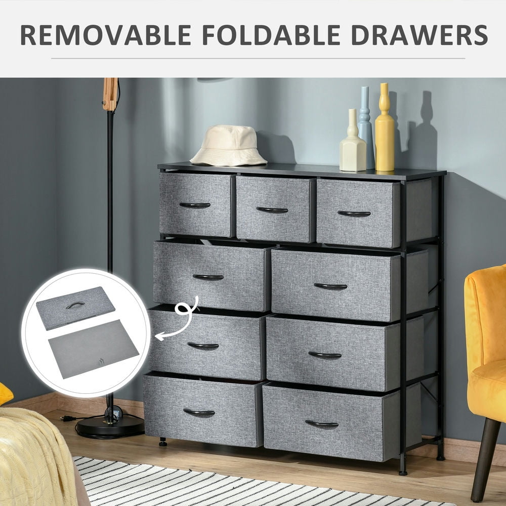 Demi Bonn Dresser for Bedroom with 9 Drawers, Chest Dresser Organizer with Steel Frame, Wood Top, Storage Drawer Unit with Fabric Bins for Closet, Hallway, Gray