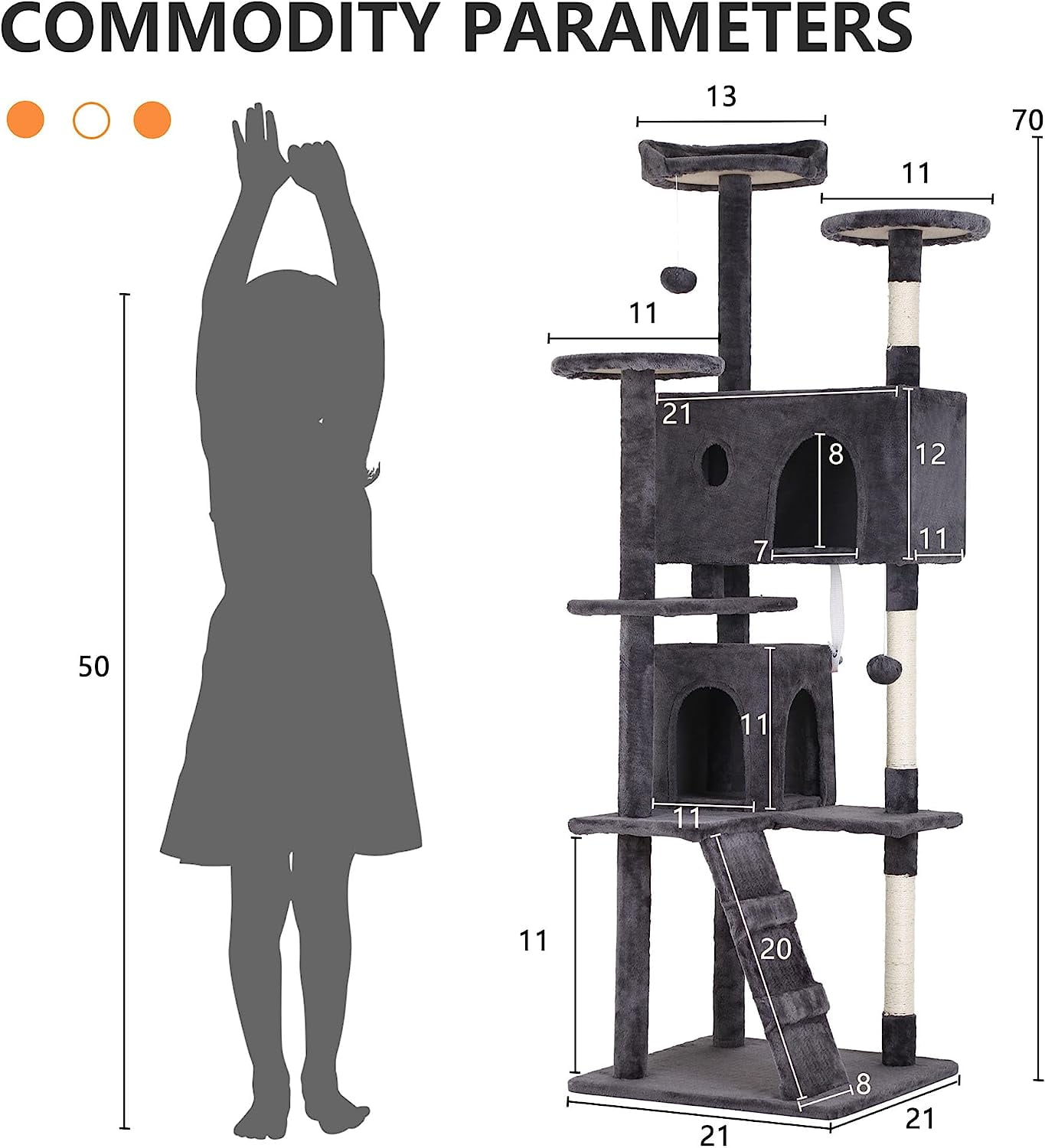 Dkelincs 70"H Large Multilevel Cat Tree, Double Condo Cat Tower with Scratching Post Tower & 3 Top Perches, Ashy