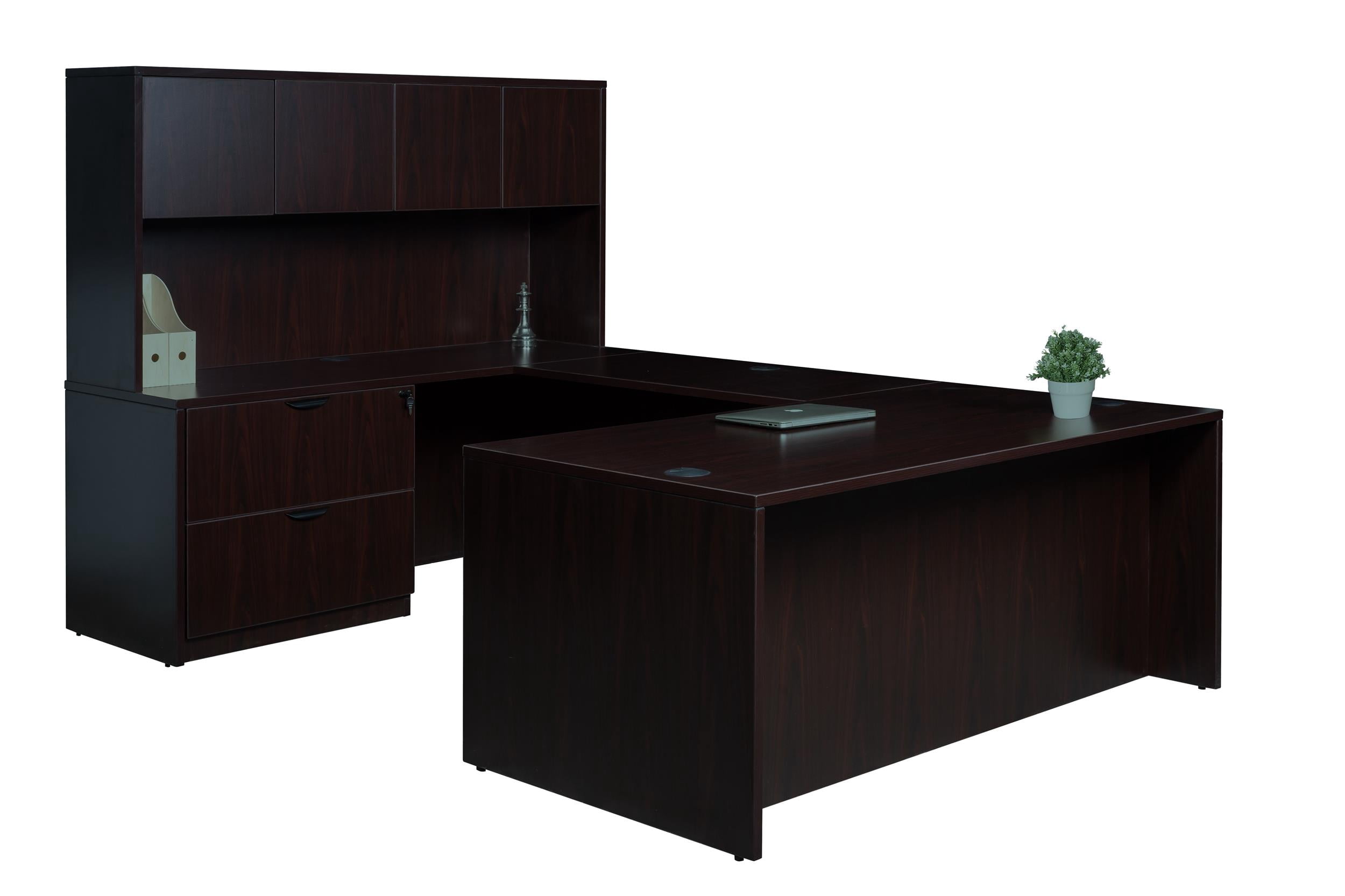 Boss Office Products Mocha 66 inch Executive U-Shape Desk with Lateral File Storage and Hutch