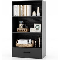 YSNW 4-Tier Bookcase with Drawer, 42.5” Freestanding Bookshelf with 3 Open Display Shelves & 2 Anti-Tipping Kits, Modern 3-Cube Storage Organizer for Bedroom, Living Room, Home Office (Black)