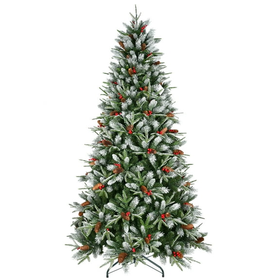 Flower Dance® 8FT Christmas Tree with 2850 Tips, Red Berries & Pine Cones – Snow-Dusted PE PVC Branches, Hinged Design for Easy Setup, Sturdy Metal Stand – Full, Natural Holiday Tree Decoration