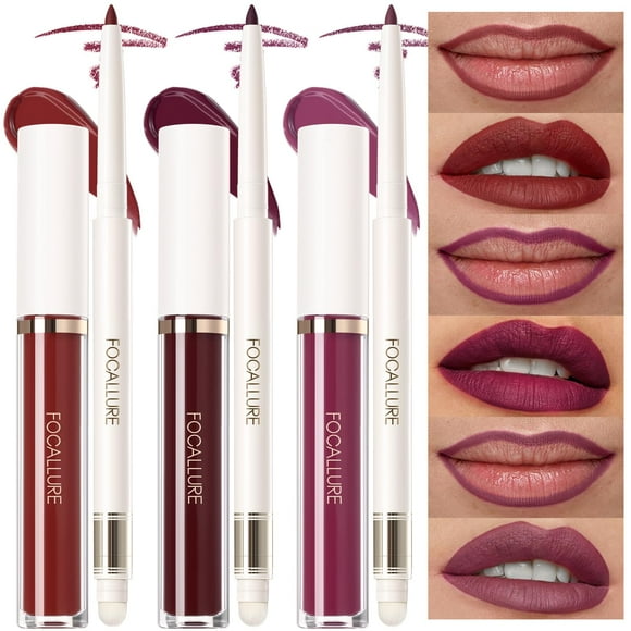 FOCALLURE KISSPROOF Liquid Lipstick & Lip Liner Set, 6 Pcs - 3 Highly Pigmented Lip Gloss & 3 Matte Lip Crayons with Built-in Sharpener, Non-Stick Cup Lips Makeup Gift for Women, PP01