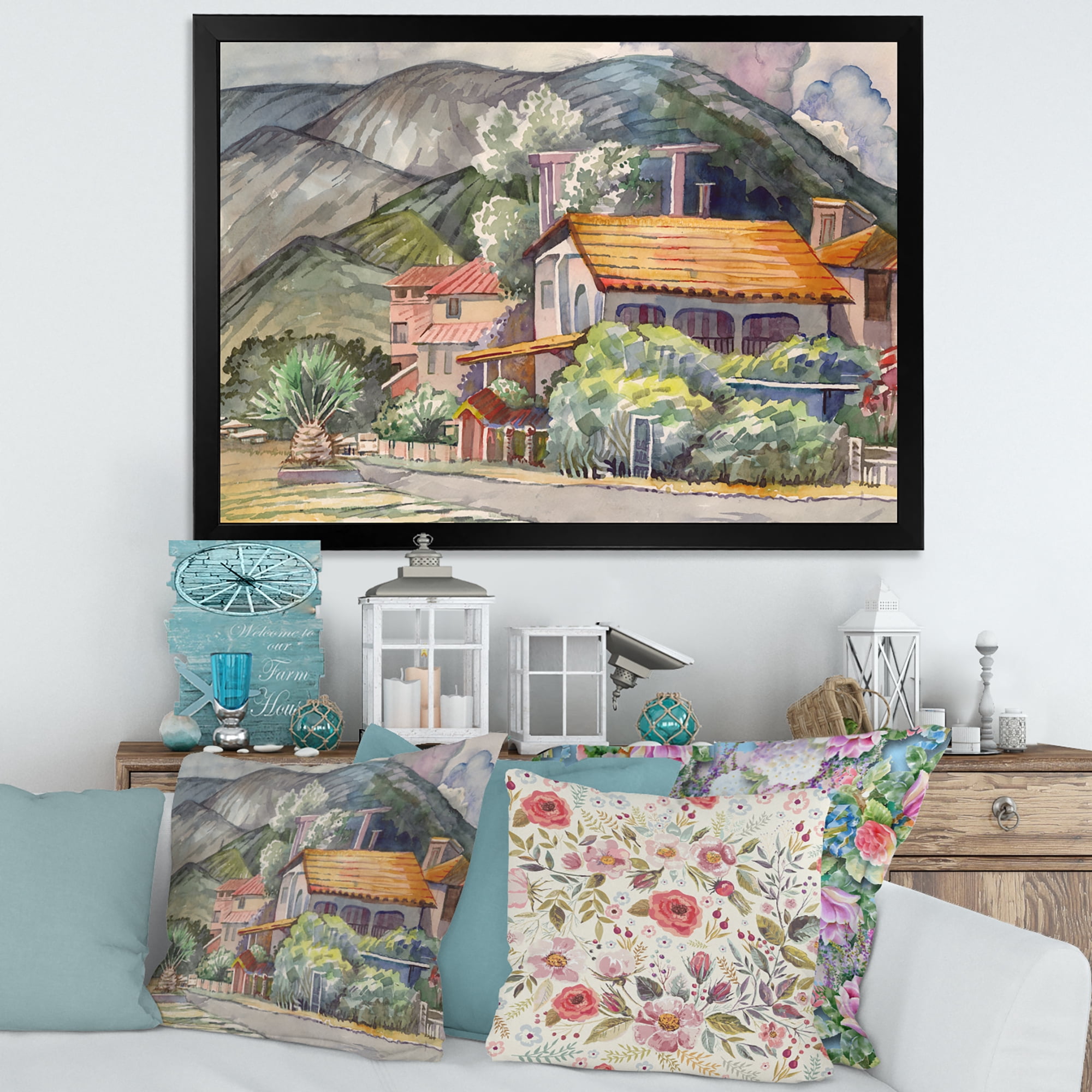 Designart 'Greek Mountains Landscape Off The Coast Of The Aegean Sea ' Traditional Framed Art Print