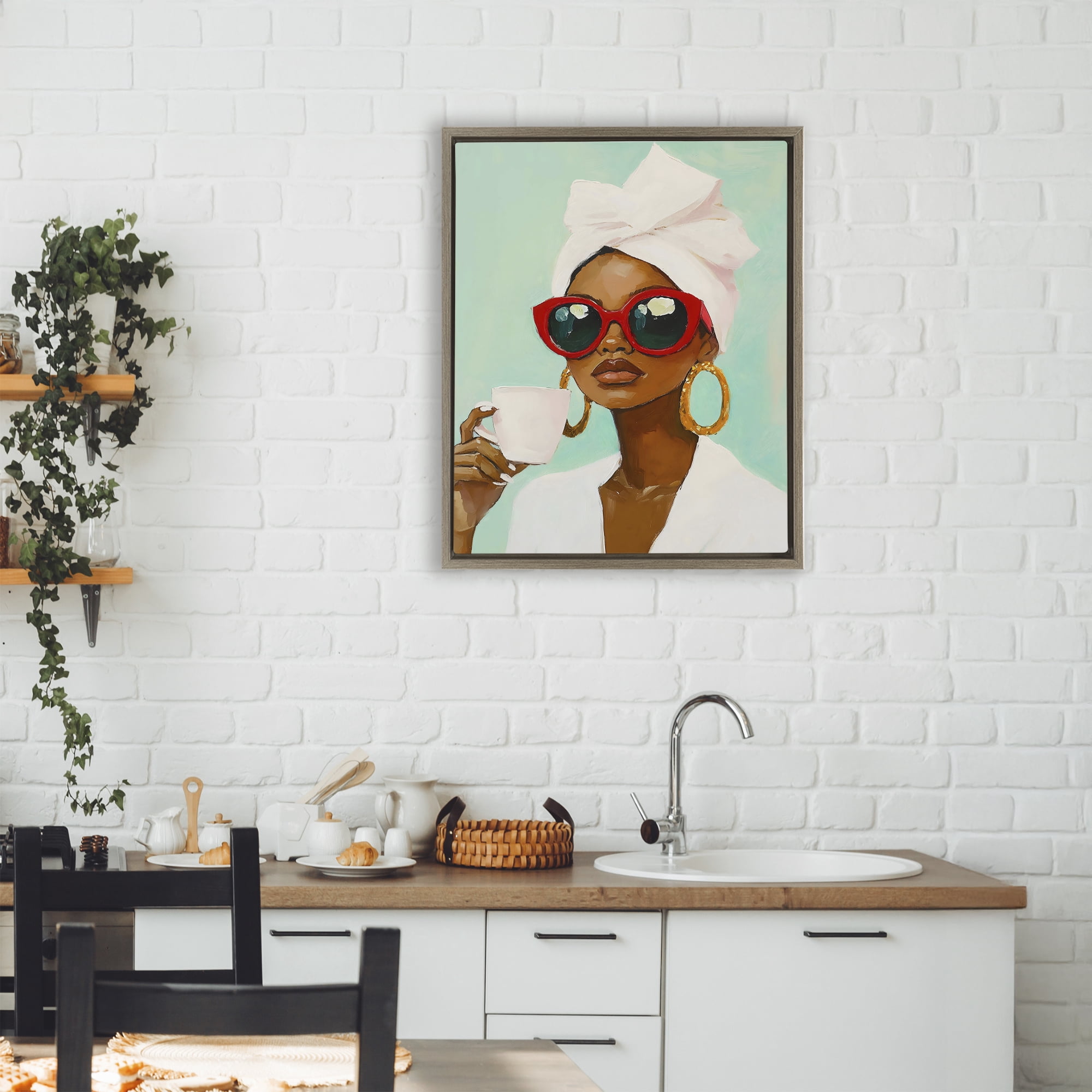 Stupell Industries Coffee Lover in Red Sunglasses Brown Framed Floater Canvas Wall Art, design by The Prints Vibe