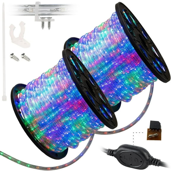 WYZworks 300 ft (2x150ft) Connectable LED Rope Lights (Blue, Clear White, Green, Orange, Red, RGB, Warm White) - 2 Wire Christmas Xmas Tree Holiday Decoration Indoor/Outdoor Lighting - RGB