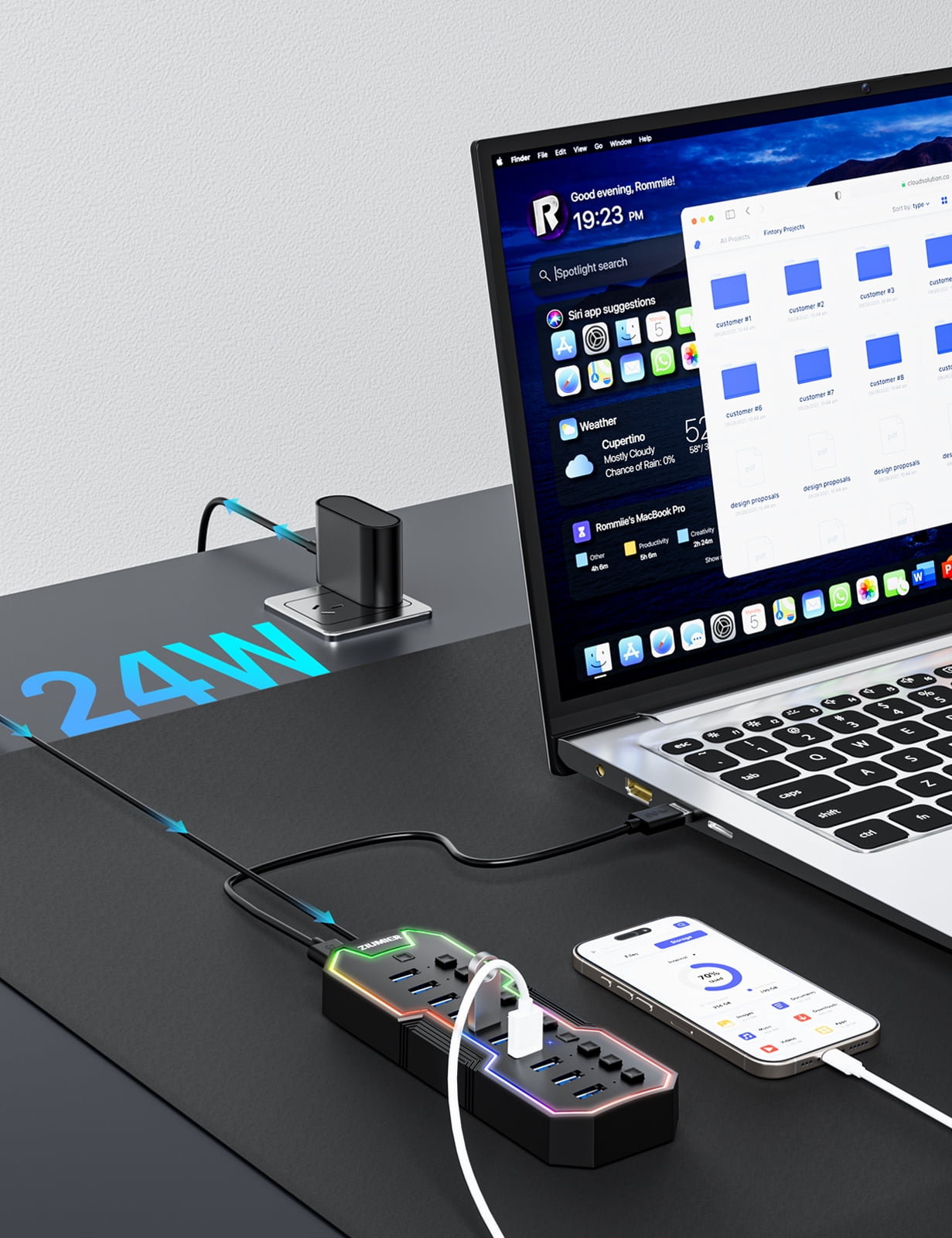 Powered USB 3.0 Hub, 10 Ports USB Hub with RGB LED Strip and 12V/2A Power Adapter USB Extension, Individual LED On/Off Switches for Mac, PC, Desktop, Flash Drive, Mobile HDD