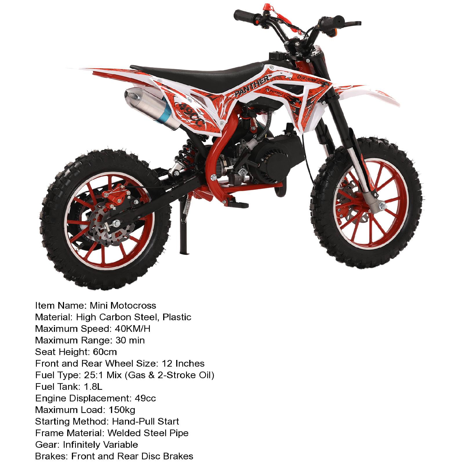 Seipola 49cc 2-Stroke Kids Dirt Bike Gas-Powered, Mini Motocross Motorcycle Pit Bike for Youth Ages 8+, 40KM/H Max Speed, 10" Off-Road Tires, Front & Rear Disc Brakes, 150kg Capacity (Red)
