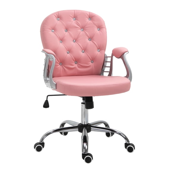 Pink Vanity Chair, PU Leather Desk Chair with Armrests, Adjustable Height Swivel Task Chair for Home Office, Button Tufted Computer Chair