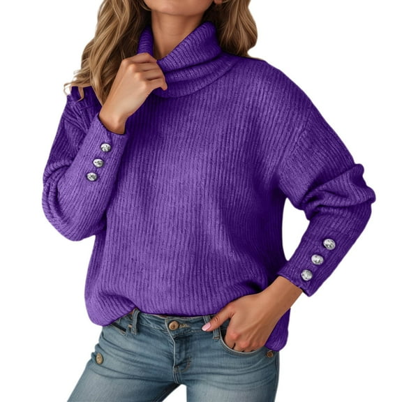 Fiaer Fall Oversized Sweaters for Women Trendy Long Sleeve Turtleneck Loose Fit Casual Trendy Solid Color Warm Knit Tops with Button Purple1 XL