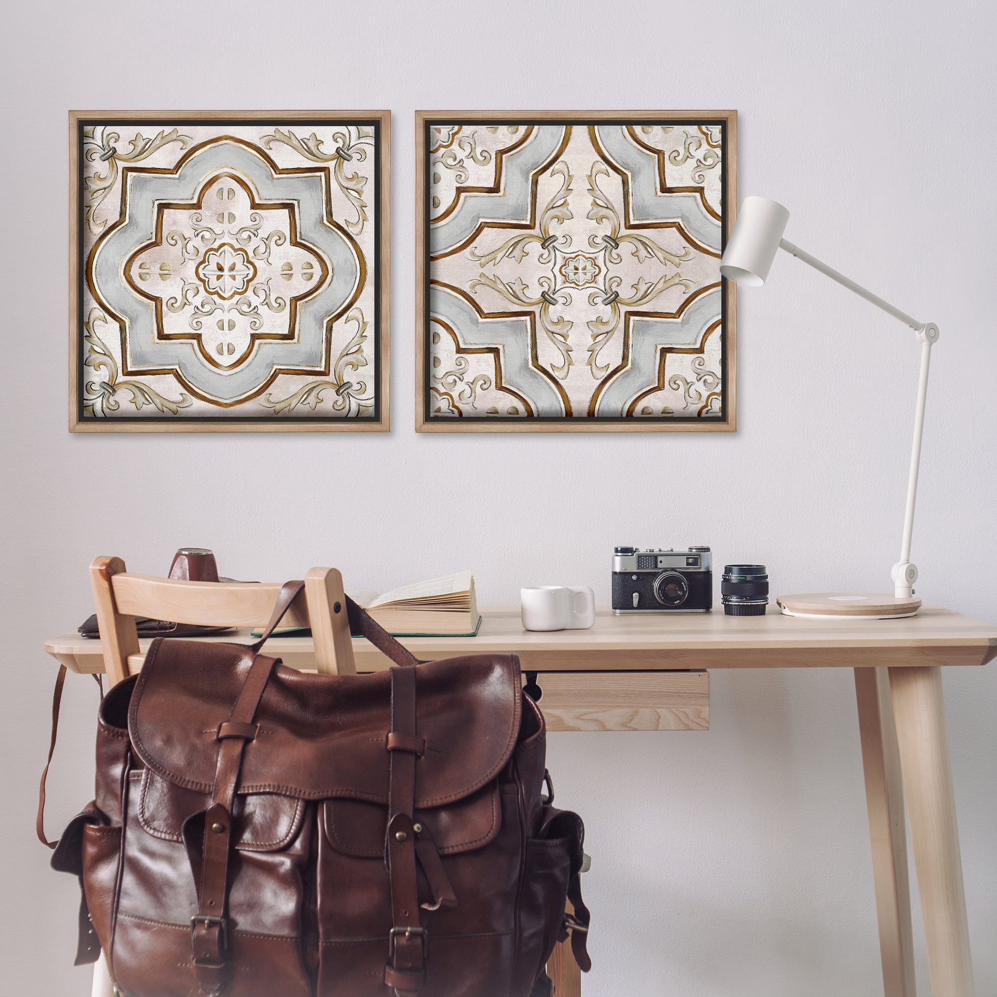 Stupell Industries Moroccan Tile in Neutrals Abstract Painting Brown Floater Framed Canvas Art Print Wall Art, 25 x 25, Set of 2