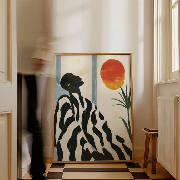 Modern Black And White Abstract Figure Art, Striped Robe Sunlit Minimal Wall Art, Contemporary Portrait Print, Boho Decor Wall Art, Modern Wall Decor, 8x12 UNFRAMED