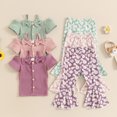 thumbnail image 3 of Gupgi 2Pcs Toddler Girl Daisy Clothes Set 1T-5T Kids Baby Cold Shoulder Ribbed Tops Floral Bell Bottom Summer Outfits, 3 of 9