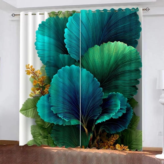 Abstract Tropical Foliage Blackout Curtains Green And Blue Leaves 3D Printed Drapes Darkening Curtains With Top Grommet For Bedroom Living Room Window Curtains 42"W x 84"L (Pack of 2)