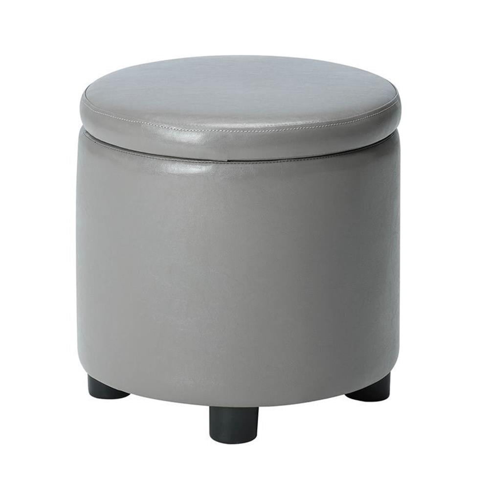 Designs4Comfort Round Accent Storage Ottoman with Reversible Tray Lid, Taupe Gray Faux Leather