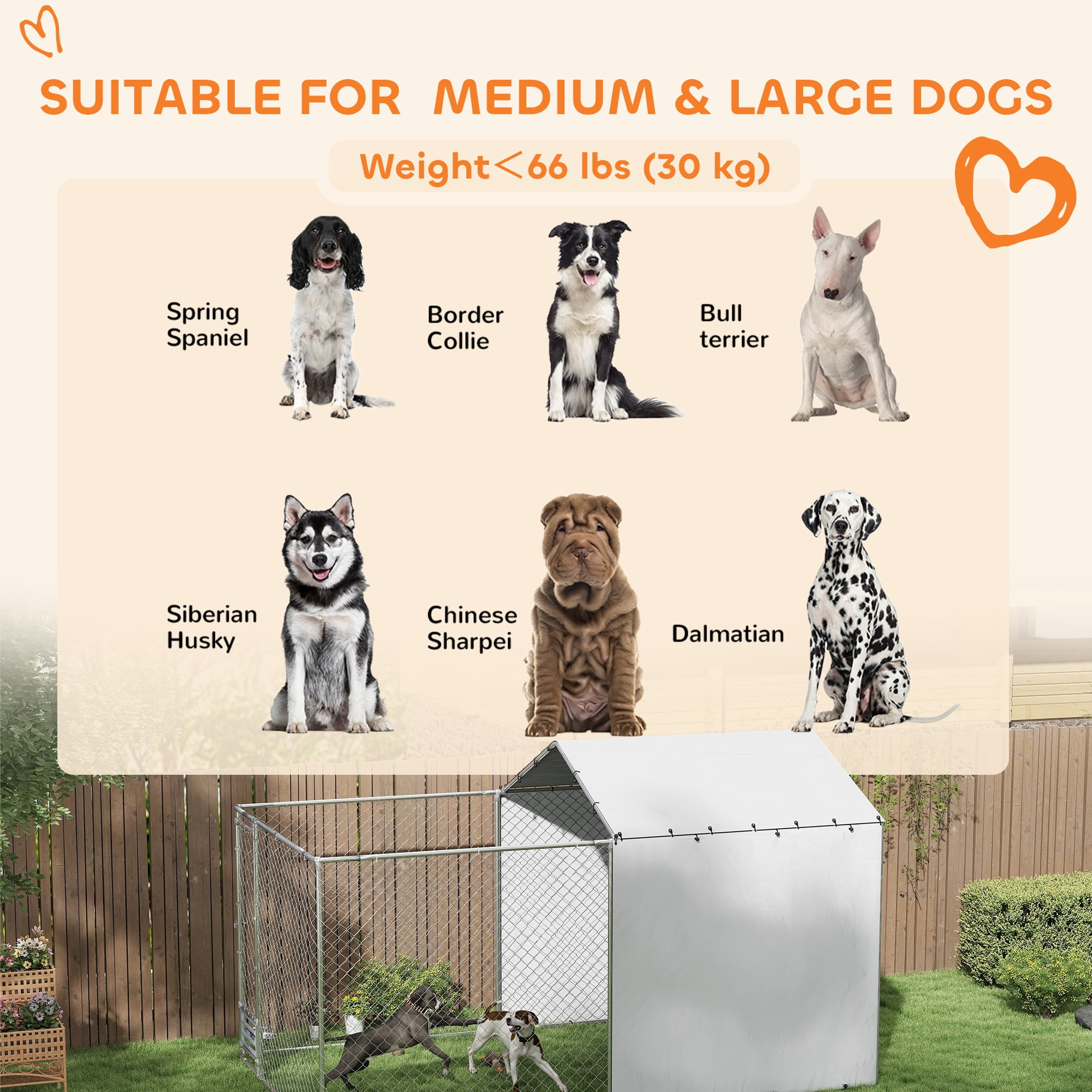 PawHut Large Outdoor Dog Kennel, Chain Link Dog Kennel Outside with Weather Resistant Cover, Rotating Bowls Door, for M&L Dogs, 13.1' x 7.5' x 7.5'