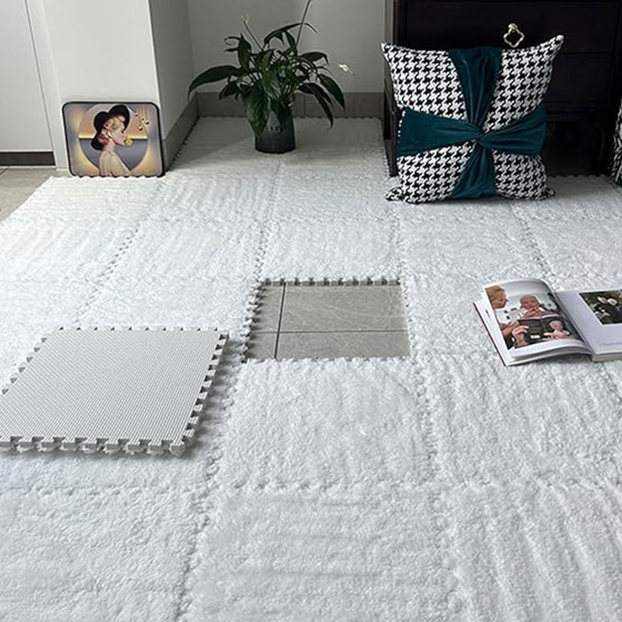 Interlocking Carpet Shaggy Soft EVA Foam Mats Fluffy Square Thickened Plush Tiles Protective Floor Tiles Exercise Play Mat for Children Kids Room Home Parlor Bedroom (White, 12 Pcs)