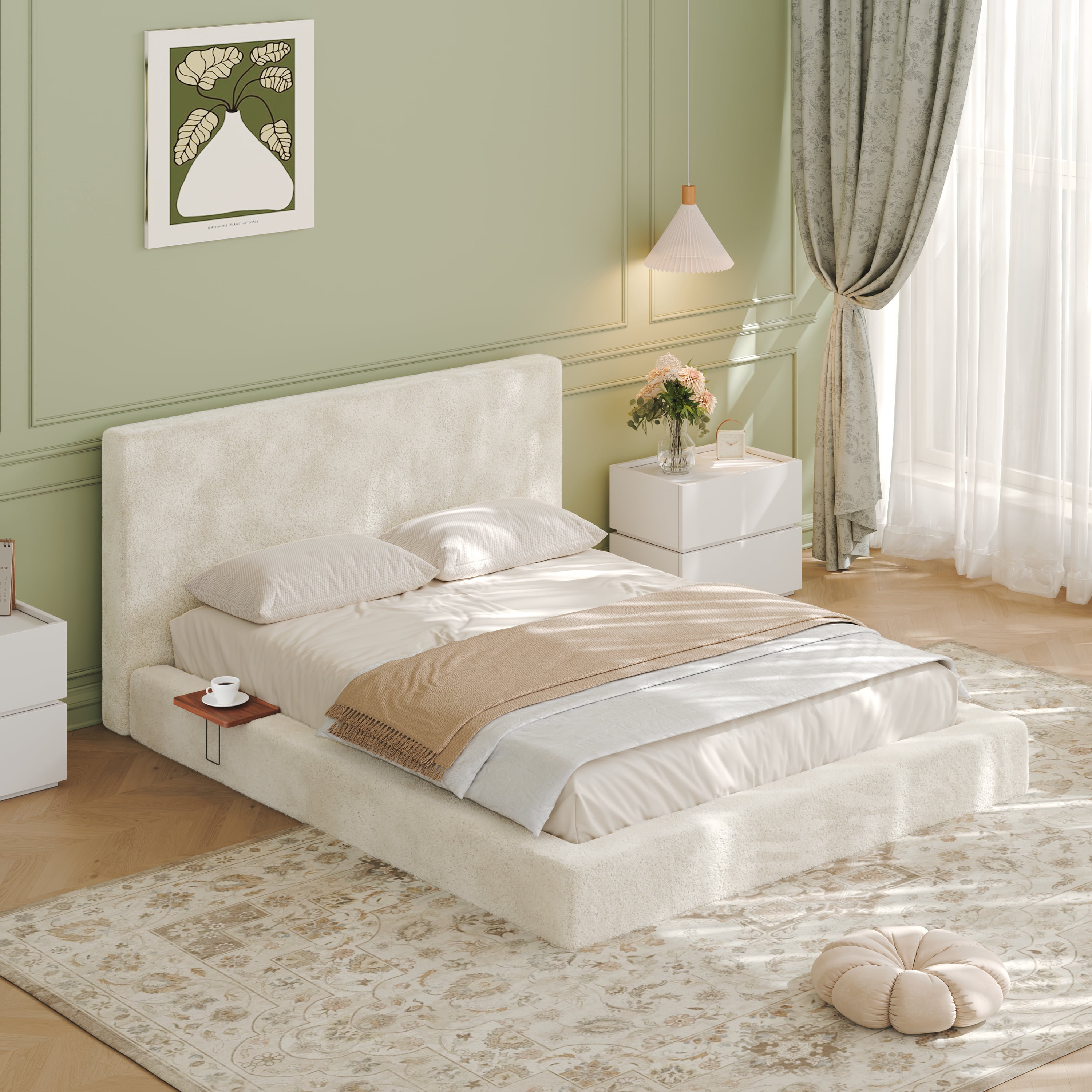 Queen Size Cloud Bed Frame with Headboard Shelves and Low-Profile Design