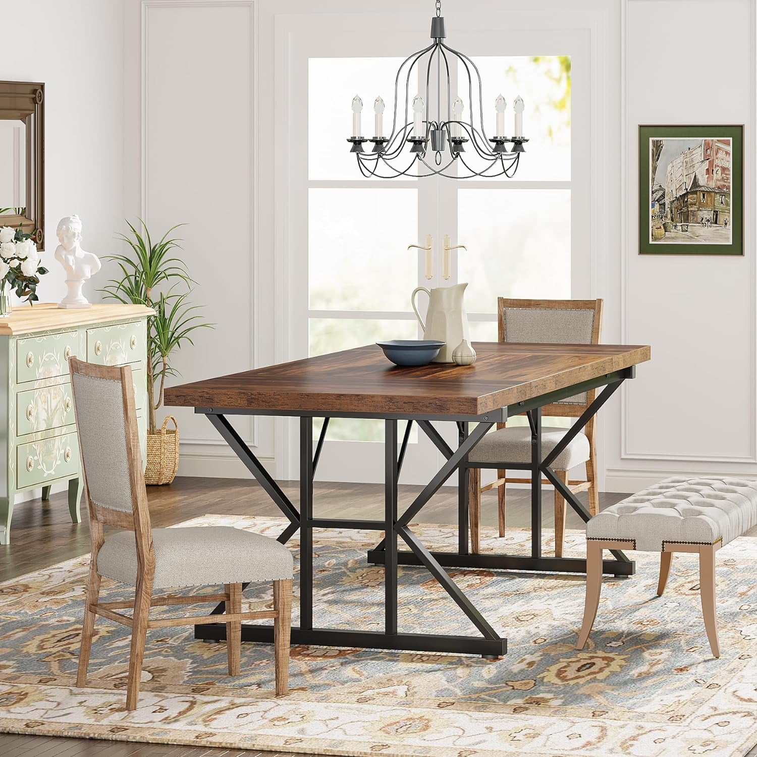 Finmind Farmhouse Dining Table for 6, 71" Rectangular Wood Kitchen Table for Dining Room, Kitchen(Brown/Black)