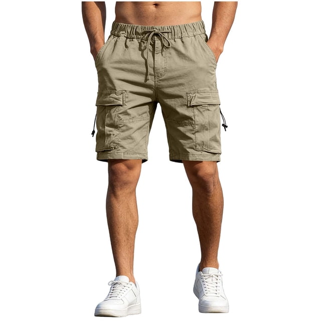 Elastic Waist Cargo Shorts for Men Solid Color with Pockets Button Bandage Casual and Fashionable Shorts