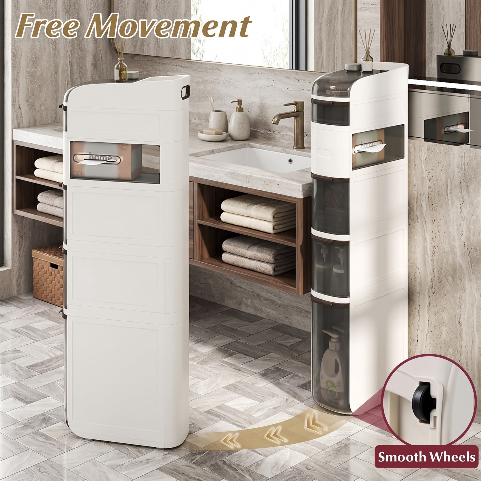 Fenbeli 6-Tier Narrow Bathroom Storage Cabinet with Drawers, Slim Rolling Storage Organizer with Flip-Top and Tissue Box for Bathroom, Laundry Room, Kitchen, White