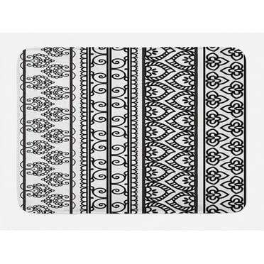 Henna Bath Mat, Old Vintage Swirls Leaf Figures Abstract Artistic Composition with Vertical Borders, Non-Slip Plush Mat Bathroom Kitchen Laundry Room Decor, 29.5 X 17.5 Inches, Black White, Ambesonne