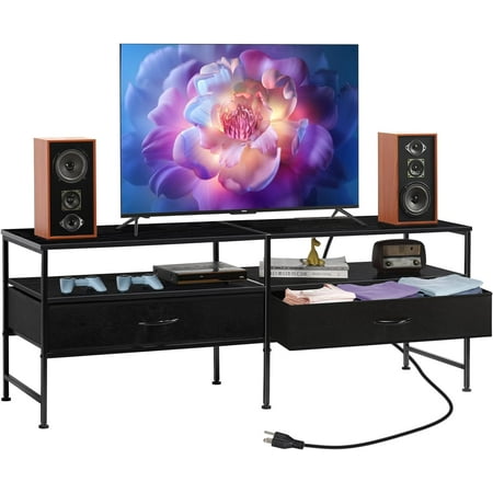 melos TV Stand for TVs up to 55 Inches, Entertainment Center, Industrial Media TV Console Table with Open Storage Shelves, Television Stands for Living Room, Bedroom, Black