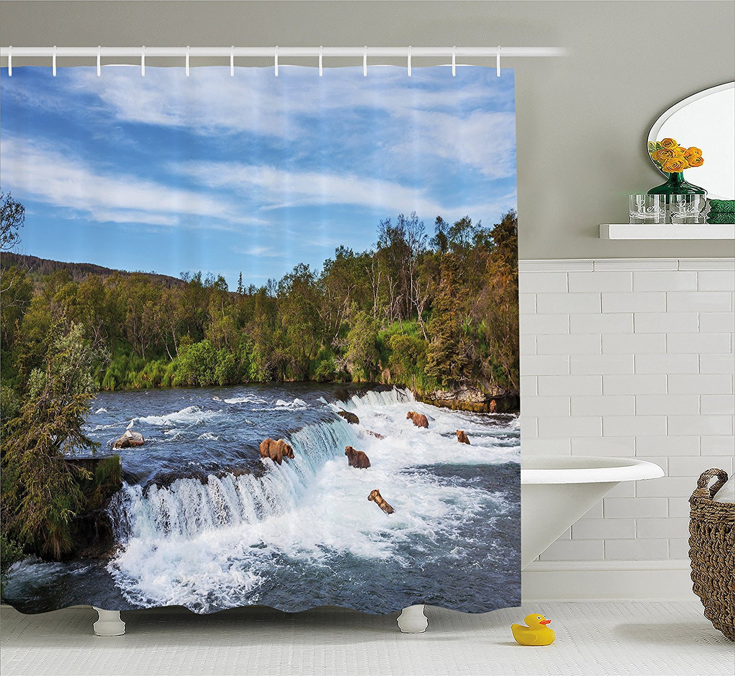 Mountain Landscape Brown Bear Shower Curtain Set Bathroom Waterproof Fabric 72/"