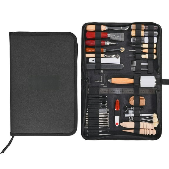 DIY Leather Craft Kit with 59 Tools – Engraving, Punching, Stamping and Sewing Supplies for Beginners