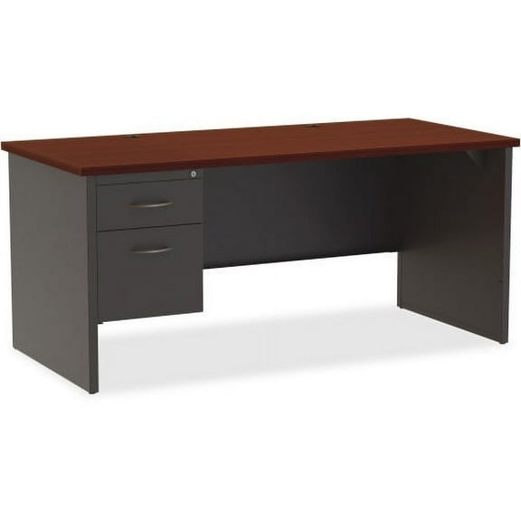 Lorell Mahogany Laminate/Charcoal Modular Desk Series Pedestal Desk - 2-Drawer 66" x 30" , 1.1" Top - 2 x Box Drawer(s), File Drawer(s) - Single Pedestal on Left Side - Material: Steel - Finish: Mahog